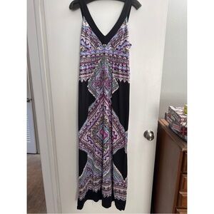 INC International Concepts Black Maxi Dress with Purple and Teal Geometric Print